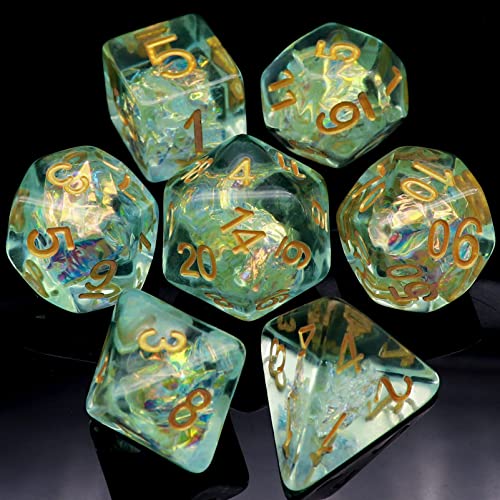 Haxtec Light Green DND Dice Set, 7-Piece Resin Polyhedral RPG Dice | Iridescent Standard Dice with Velvet Bag, Sparkly Fairy, Rounded Edge, Compatible with Dungeons and Dragons, MTG Gifts - color: Light Blue Green
