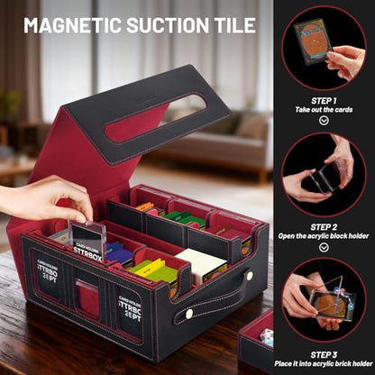 Commander Deck Box with Handle, Trading Card Storage Box for MTG&TCG.7 in 1 MTG Deck Box with 6 Toploaders, 6 Stoppers, 10 Colorful Dividers.(Black& Red, 7 IN 1) - color: Black& Red