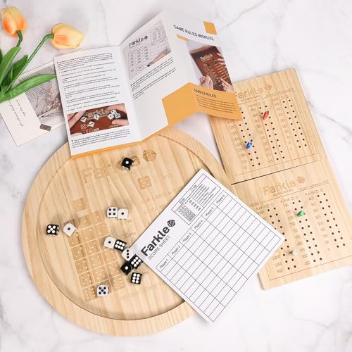 Farkle Dice Tray,Farkle Classic Dice Game with Tray The Classic Family Game | 2 Sets of 6 Pearl Dice,2 Sets of 6''Wooden Scoreboard, 12 Scoring Sticks,1 Instruction Manual, 50 PCS Score Sheets