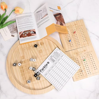 Farkle Dice Tray,Farkle Classic Dice Game with Tray The Classic Family Game | 2 Sets of 6 Pearl Dice,2 Sets of 6''Wooden Scoreboard, 12 Scoring Sticks,1 Instruction Manual, 50 PCS Score Sheets