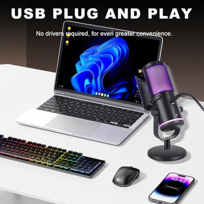 UP-S Condenser Microphone for Gaming PC/PS5 - RGB USB with Noise Cancellation & Tap-to-Mute - Triple-Knob Control Desktop Stand Mic for Streaming, Podcasting YouTube Black - color: UP-S desktop