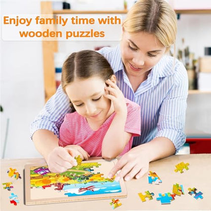 Wooden Puzzles for Toddlers 3-5,6 in 1 Jigsaw Wooden Solar System Puzzles for Ages 4-6,Preschool Educational Brain Toys Gifts for Boys and Girls 2 4 3 5 Year Old（Vehicle） - style: Vehicle