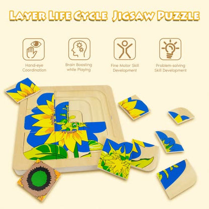 Montessori Wooden Puzzles for Kids Ages 4-8, 4 Layer Life Cycle Of Sunflower Jigsaw Puzzle for Toddlers, Children Preschool Learning Educational Puzzles Summer Toys Gift for Boys and Girls (Sunflower) - style: Sunflower