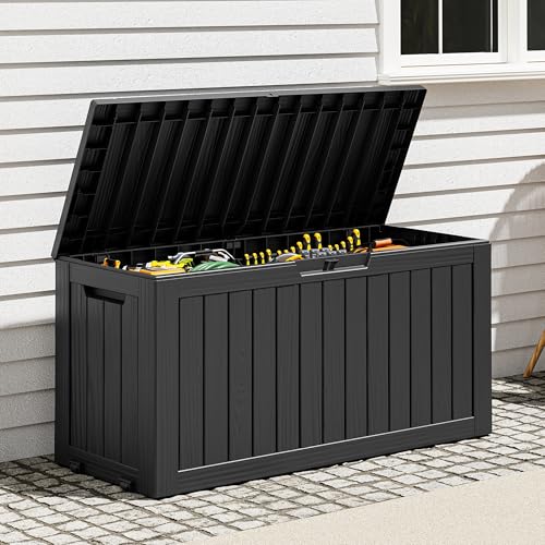 Outdoor Storage Box, Resin Deck Boxes Indoor and outdoor, Waterproof Storage Box Lockable Lid (Black, 75 Gallon) - color: Striped Black, style: 75 Gallon