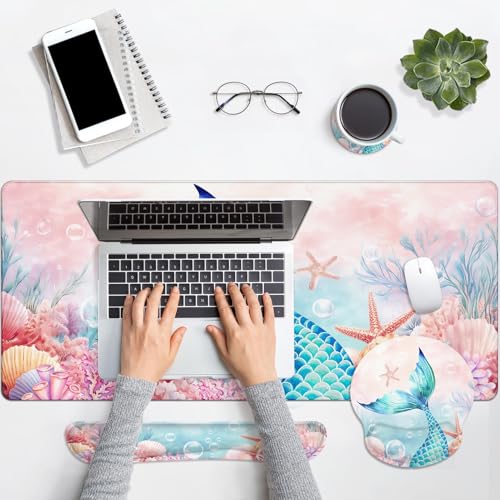 Britimes Pink Cute Deep Sea Mermaid Keyboard Mouse Pad Set 4in1 Large Mousepad+Keyboard Wrist Rest+Mouse Wrist Rest+Coaster Set with Ergonomic Design for Home Office Computer 35.4x15.7 inches - color: Mermaid
