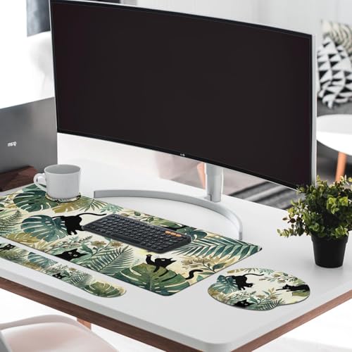 Britimes Green Tropical Plants Keyboard Mouse Pad Set Black Cats 4in1 Large Mousepad+Keyboard Wrist Rest+Mouse Wrist Rest+Coaster Ergonomic Design for Home Office Computer 35.4x15.7 inches - color: Tropical Plants and Cat