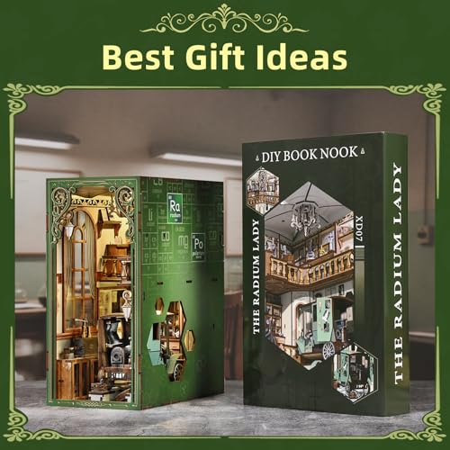 MiniCity Book Nook Kit, DIY Miniature Dollhouse Book Nook Kit with Dust Cover and LED Light-The Radium Lady | 7.1 x 4.3 x 9.1 in; 504 pieces, LED and dust cover; glue/tools and guide included; 6-8 hr DIY build for display, ages 14+. - style: The Radium La