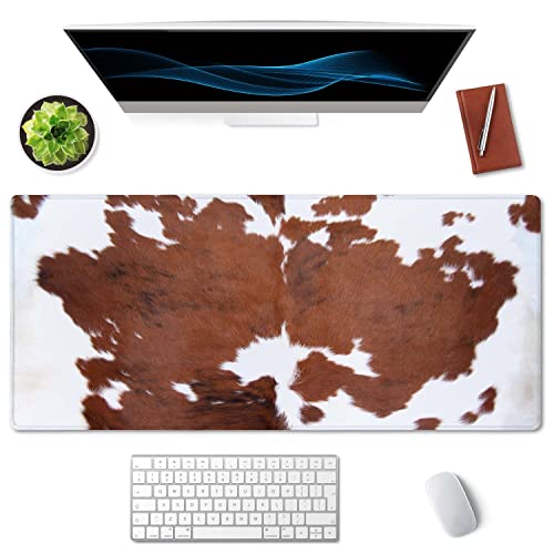 SSOIU Extended Mouse Pad, XXL Gaming Mouse Pads, Large Big Mousepad Laptop Computer Keyboard Mat Desk Pad with Non-Slip Base Stitched Edge for Gaming Office, 35.5 x 15.7 inch, Brown Cowhide Print - color: Brown Cowhide Print