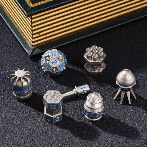 UDIXI Metal Dice Set 7PCS, Nickel Polyhedral D&D RPG Dice for Tabletop Game | Bomb Shape, Blue Numbers, Solid Metal, Cool Design, Leather Pouch Pakaging, for Dungeons and Dragons Role Playing Games - color: Nickel Blue