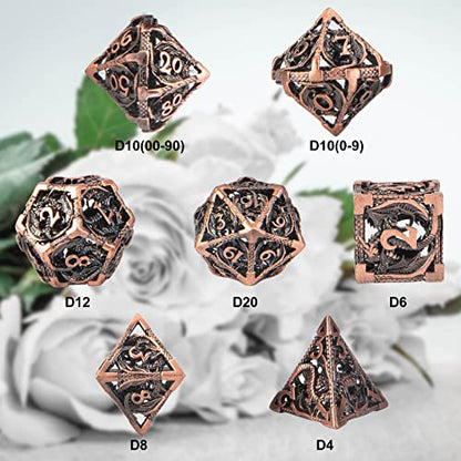 DND Dice,Hollow D&D Metal Dice,Dungeons and Dragons Dice Set with Gift Box,7 PCs Steampunk Polyhedral Dice Games Set for RPG,MTG,Pathfinder, - color: Dragon Copper