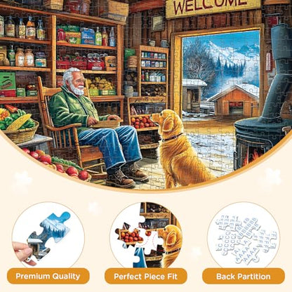 500 Pieces Puzzle for Adults, Country Shop Puzzle for Adult, Elder Man and Golden Dog Jigsaw Puzzle 500 Pieces, Fun and Challenging Family Game Great Gift Idea, 20.5 * 15 in - style: Country Shop