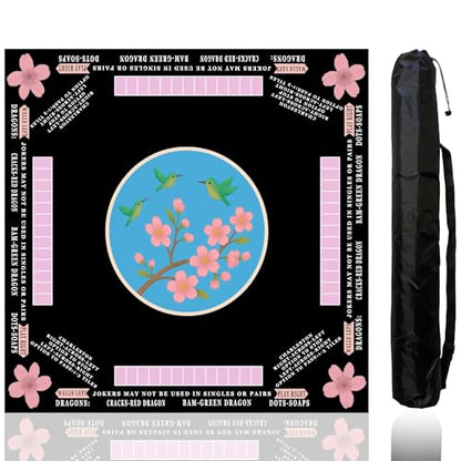 American Mahjong Mat with Rules Printed (33x33, 2.5mm Thick, Hummingbird Black) Mahjong Mat for Table w/Bag, Crease-Proof Waterproof Non-Slip, Soft Mahjong Table Mat, Noise Reduction - color: Hummingbird Black Mat