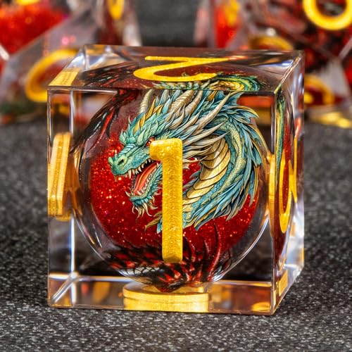 KERWELLSI Liquid Core Dragons Pattern Dice, Resin DND Dice Set with Gift Box, Red and Gold Sharp Edged Dungeons D&D Dice, Role Playing Game Dice D20 D12 D10 D8 D6 D4