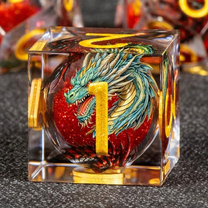 KERWELLSI Liquid Core Dragons Pattern Dice, Resin DND Dice Set with Gift Box, Red and Gold Sharp Edged Dungeons D&D Dice, Role Playing Game Dice D20 D12 D10 D8 D6 D4