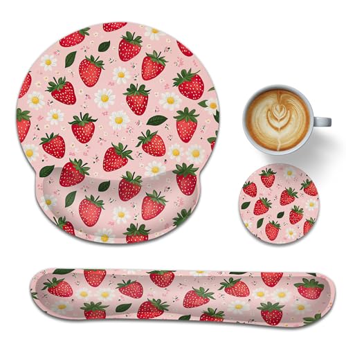 Ergonomic Memory Foam Wrist Rest Set for Keyboard and Mouse,Cute Strawberry Flower Supportive Mouse Pad with Non Slip Base for Office Work and Gaming - color: Cute Strawberry Flower
