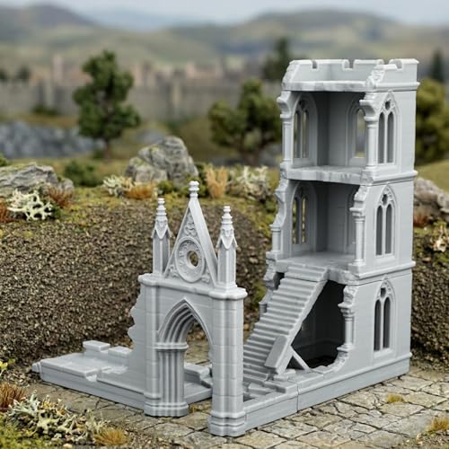 AUSPDICE DND Terrain 25mm Gothic Sanctuary Ruins, TTRPG Building Set | 1:64 Scale Unpainted Multi-Level DND Building with Stairs and Arches for Dungeons and Dragons, TTRPGs and Wargames - AF1161