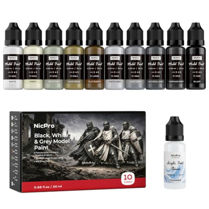 Nicpro 10 Colors Black, White & Gray Model Paint Set, 20ml Ready to Use Modeling Acrylic Paints, Brush & Airbrush, Miniature Paint Set for Models, Figures, Terrain, Dioramas & 3D Prints with Thinner - style: Black, White & Gray