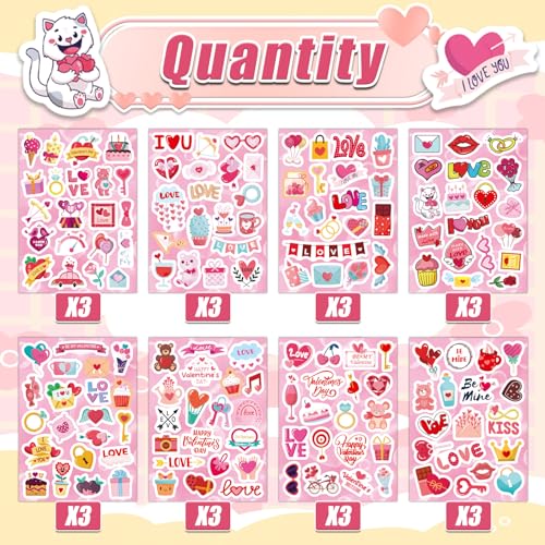 24 Sheets Valentine Stickers for Kids - 8 Diverse Valentines Love Stickers Designs - Valentine's Day Party Favors Crafts Gifts & Decorations Activities Supplies - style: Valentine's Day Party