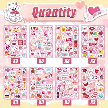 24 Sheets Valentine Stickers for Kids - 8 Diverse Valentines Love Stickers Designs - Valentine's Day Party Favors Crafts Gifts & Decorations Activities Supplies - style: Valentine's Day Party
