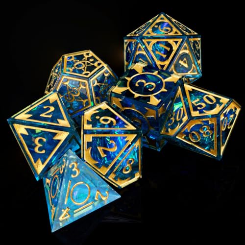 DND Resin dice Color Sharp Edge dice Set Dungeon Polyhedron D and D dice Set Suitable for D&D Role-Playing Tabletop Games D20 D12 D10 D8 D6 D4 (Golden Blue) - color: Golden Blue