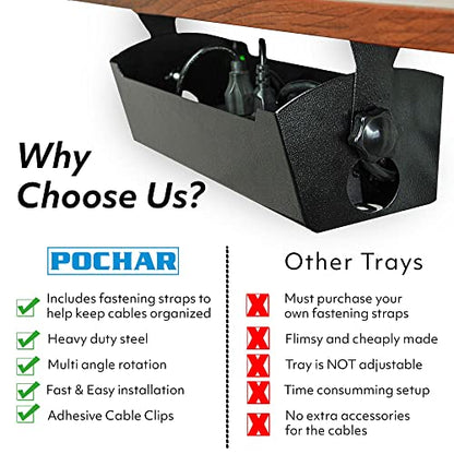 POCHAR 15inch Steel Under Desk Cable Management Tray for Office and Home | Wire & Cord Organizer, Power Strip Holder with Mount Accessories - Standing Desk Cable Tray Wire Management, Black - size: 15inch