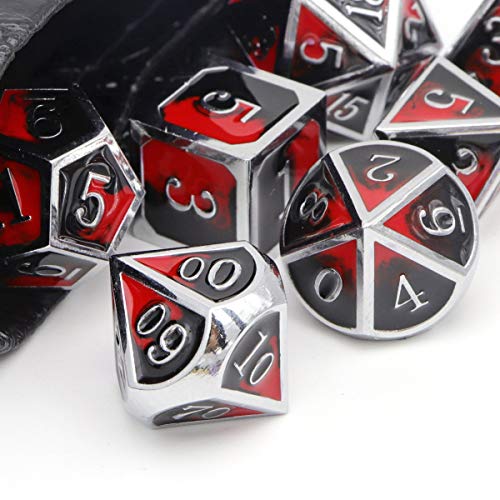 Haxtec Metal DND Dice Set Silver Red Black Enamel Vampire D&D Dice with Leather Dice Bag Compatible with Dungeons and Dragons TTRPG Gift for DND Lovers Players Masters | Silver Edge D&D Dice with Leather Bag, Compatible with Dungeons and Dragons, Vampire