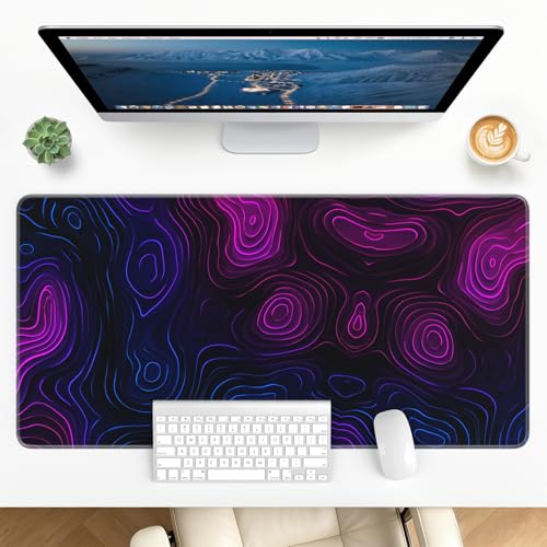 Large Gaming Mouse Pad, XL Desk Protector, Non-Slip Base | 31.5x15.7 in Extended Desk Mat with Stitched Edges for Keyboard, Work, Game, Office, Home PC and Laptop - color: Neon Contours