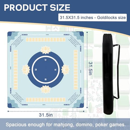 Mahjong Mat with Rules - Non-Slip Noise Reducing Mahjong Table Mat for Poker Card Board & Tile Games (31.5inx31.5in, Blue)