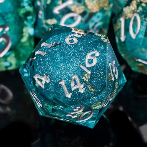 ARUOHHA Liquid Core DND Dice Set, 7pcs Resin Sharp Edged Dragons Dice RPG Role Playing Games, Silver Numbers Blue Dungeons Polyhedral Dice with Gift Box D20 D12 D10 D8 D6 D4 - color: Silver Blue