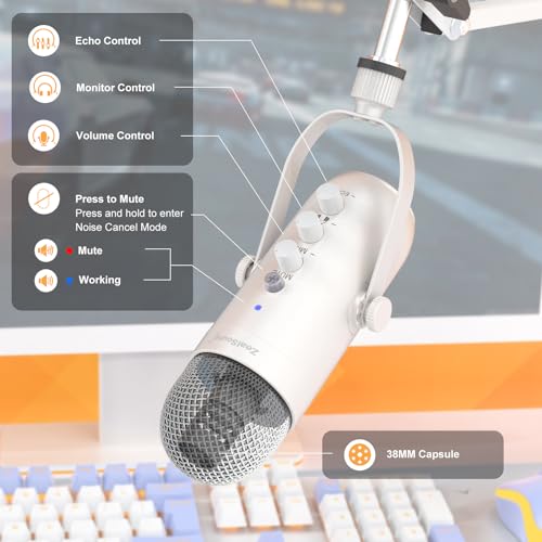 ZealSound Gaming Microphone for PC, USB Podcast Microphone with Noise Reduction, Mute & Gain Control, Zero-Latency Monitoring, Echo Control, Boom Arm, for Mac, iPhone, Stream, YouTube, TikTok (White) - color: White