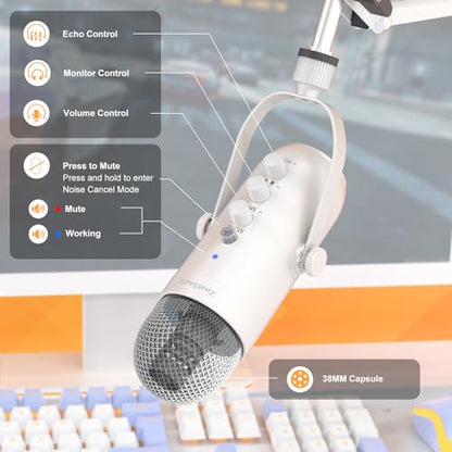 ZealSound Gaming Microphone for PC, USB Podcast Microphone with Noise Reduction, Mute & Gain Control, Zero-Latency Monitoring, Echo Control, Boom Arm, for Mac, iPhone, Stream, YouTube, TikTok (White) - color: White