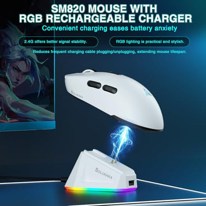 SOLAKAKA SM820 Wireless Gaming Mouse with RGB Charging Dock,24000 DPI Tri-Modes Wireless Mouse with 2 Side Buttons,Programmable Macro Mouse for Gaming(White) - color: white