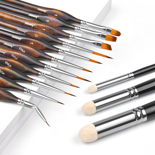 Miniature Paint Brushes with Domed Dry Brush Set for Miniature Painting, Fuumuui 14Pcs Miniature Model Paint Brush Set Dry Brush Miniatures for for Acrylic, Watercolor, Oil - color: Brown+black
