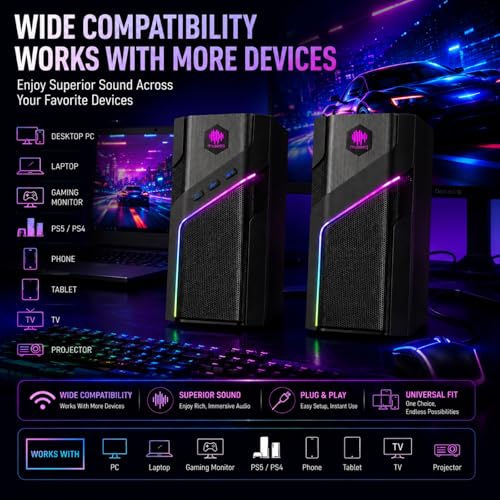 W-206RE RGB Gaming Speakers for PC, Bluetooth & USB Computer Speakers for Desktop PC, Touch Control Stereo Speakers for Monitor & Laptop with 21 LED Light Modes