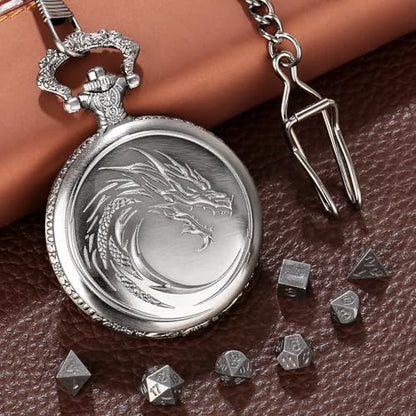 Mini DND Dice Set with Steampunk Dragon Head Totem Pocket Watch Case, Tiny 7PCS Polyhedral Metal D&D Dice, DND Gifts with Gift Box, Role Playing Game Board Game Accessories Dice, Dark Silver - color: Dark Silver
