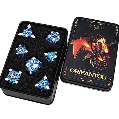 7PCS Metal DND Dice Set with Box, Debris RPG Blue D and D Dice for use with D&D Tabletop Games Role Playing Game Polyhedral Dice Set D20 D12 D10 D8 D6 D4 - color: Silver Blue