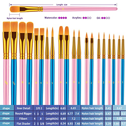 Paint Brushes Set, 20 Pcs Paint Brushes for Acrylic Painting, Oil Watercolor Acrylic Paint Brush, Artist Paintbrushes for Body Face Rock Canvas, Adult Drawing Arts Crafts Supplies, Blue+Pink - color: Blue,pink