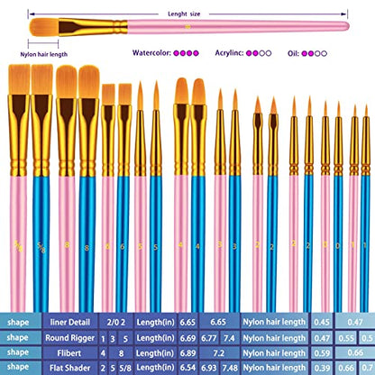 Paint Brushes Set, 20 Pcs Paint Brushes for Acrylic Painting, Oil Watercolor Acrylic Paint Brush, Artist Paintbrushes for Body Face Rock Canvas, Adult Drawing Arts Crafts Supplies, Blue+Pink - color: Blue,pink