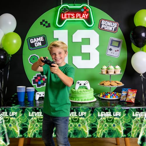 4 Pcs Video Game Tablecloths, Green and Blue Game Birthday Party Decorations Table Cloth for Kids Gaming Night Birthday Party Supplies, 51 x 86 in