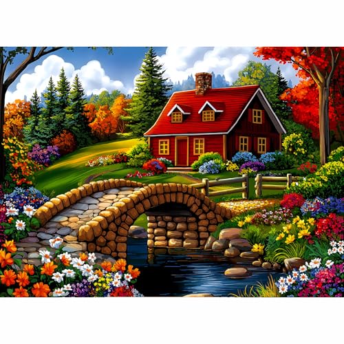Puzzles for Adults 500 Pieces, Nature Landscape Jigsaw Puzzles - Cottage in Bloom, Impossible Nature Landscape Puzzle for Seniors Families, 20.47x14.96 Inches, 1:1 Poster, Letter On The Back - style: Cottage in Bloom