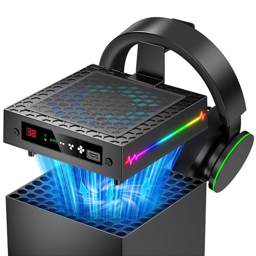 [LED Display] Auto Cooling Fan for Xbox Series X with 9 RGB Light Modes | Cooling System Adjustable by Temperature for Xbox Series X Console, Cooler & Light Switch, Headset Hook, USB Port