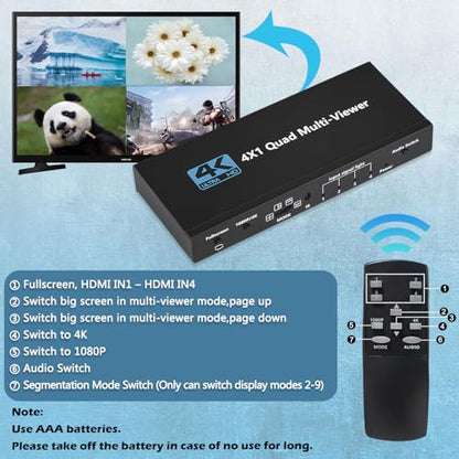HDMI Multiviewer Switch 4x1, Quad Switcher 4 in 1 Out with IR Remote Control, Support 4K Full HD and 9 Display Modes for Security Camera, Gaming Consoles - size: HDMI Mutiviewer Switch