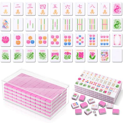 Soulchen 160 Pink Kaleidoscope American Mahjong Tile Set with Acrylic Storage Box & Dice 1.2" 3D Engraved Tiles for Adults Friends Family Game Night Mahjong Travel Size Chinese Game Gifts - style: Kaleidoscope