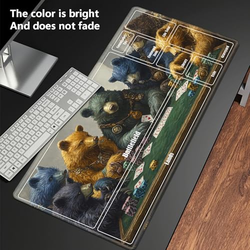 MTG Playmat with Zones, TCG Card Game Play Mat with Stitched Edges, Non-Slip Rubber Base Gaming Desk Mat, Smooth Surface 24 x 14 Inch, Bears Play Poker - color: Bears Play Poker, size: Zone 1