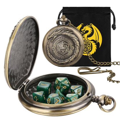 Dragon with D20 Theme Dice Set, Green Small Acrylic Dice for RPGs Pathfinder, DND Starter Set, Pocket Watch Dice Set Gift with Bag, Mystery Gifts for DND Fans, Stocking Stuffer Gifts - color: Dragon with D20