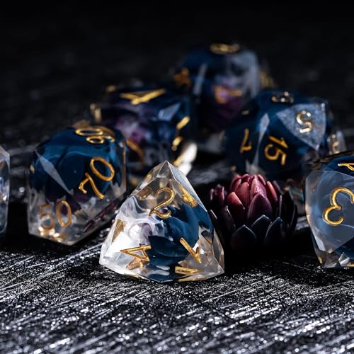 7PCS DND Dice Set,Transparent Sharp Edge Dice Set D&D RPG Polyhedral Die,for Dungeons and Dragons TTRPG Games Roleplaying Games,with Gift Box(Purple Blue Lotus) - color: Lotus Purple Black