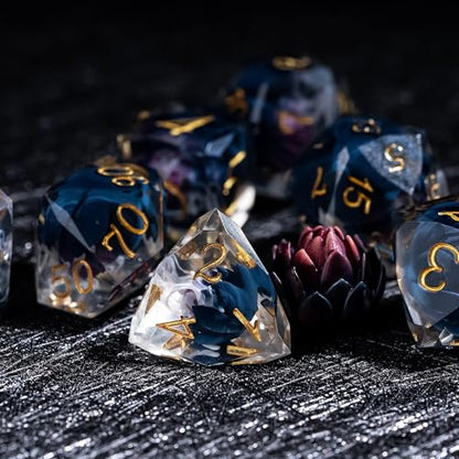 7PCS DND Dice Set,Transparent Sharp Edge Dice Set D&D RPG Polyhedral Die,for Dungeons and Dragons TTRPG Games Roleplaying Games,with Gift Box(Purple Blue Lotus) - color: Lotus Purple Black