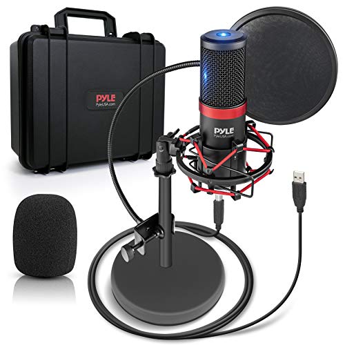 Pyle USB Microphone Podcast Recording Kit - Audio Cardioid Condenser Mic w/Shock Mount Stand & Pop Filter, for Gaming PS4, Streaming, Podcasting, Studio, YouTube, Works w/Windows PC Mac PDMIKT200 - color: Red
