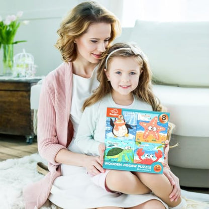 Zeoddler Wooden Puzzles for Toddlers, 8 Pack Sea Animal Jigsaw Puzzles for Kids3-5, 9 Pieces Preschool Learning Activities, Learning & Educational Toys, Gift for Boys, Girls - style: Sea Animal