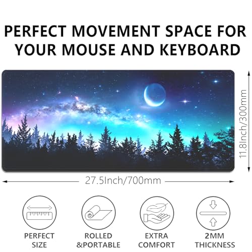 Starry Night Forest Large Gaming Mouse Pad Desk Pad, 27.5x11.8in Moon Galaxy Extended Desk Mat with Stitched Edges, Non-Slip Waterproof Rubber Base for Office, Computer & Laptop - color: Forest, Starry Sky, Moon